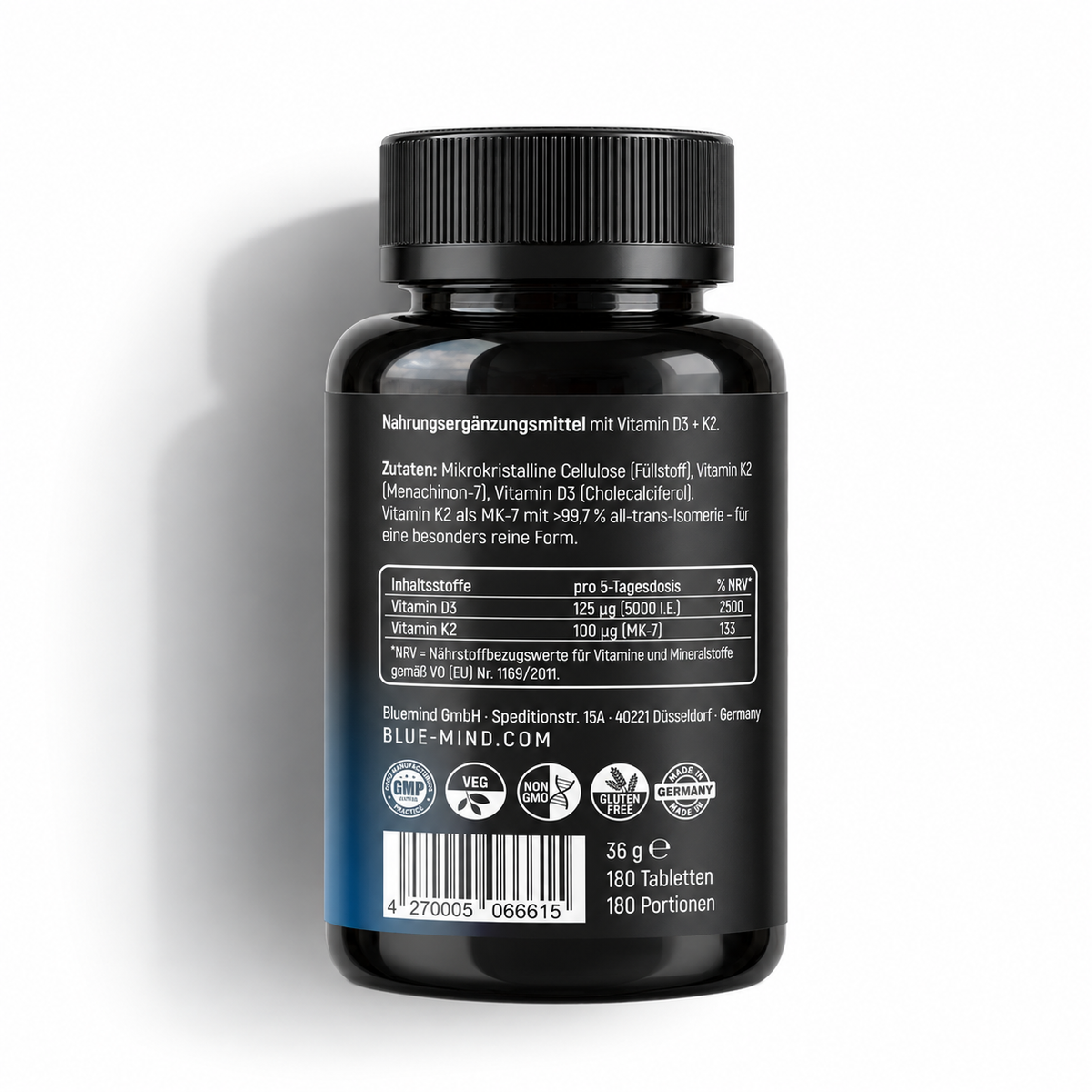 BLUEMIND Vitamin D3 + K2 – Rückseite der Dose mit Zutaten, Nährwerttabelle und 180 Tabletten
