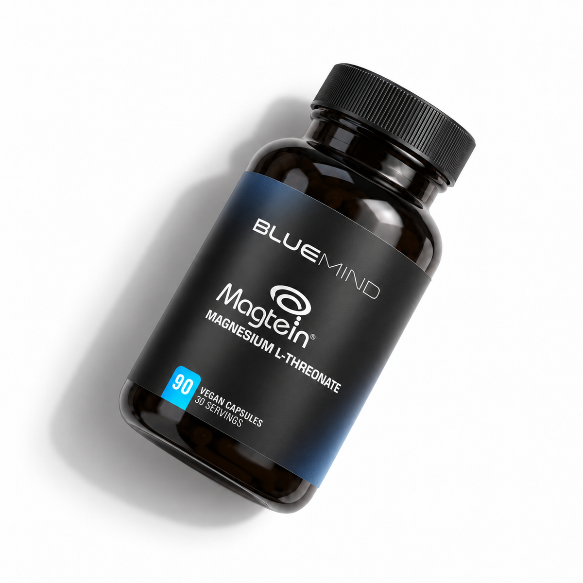 BLUEMIND Magnesium-L-Threonat Magtein® – Dose mit 90 veganen Kapseln, liegend schräg von oben
