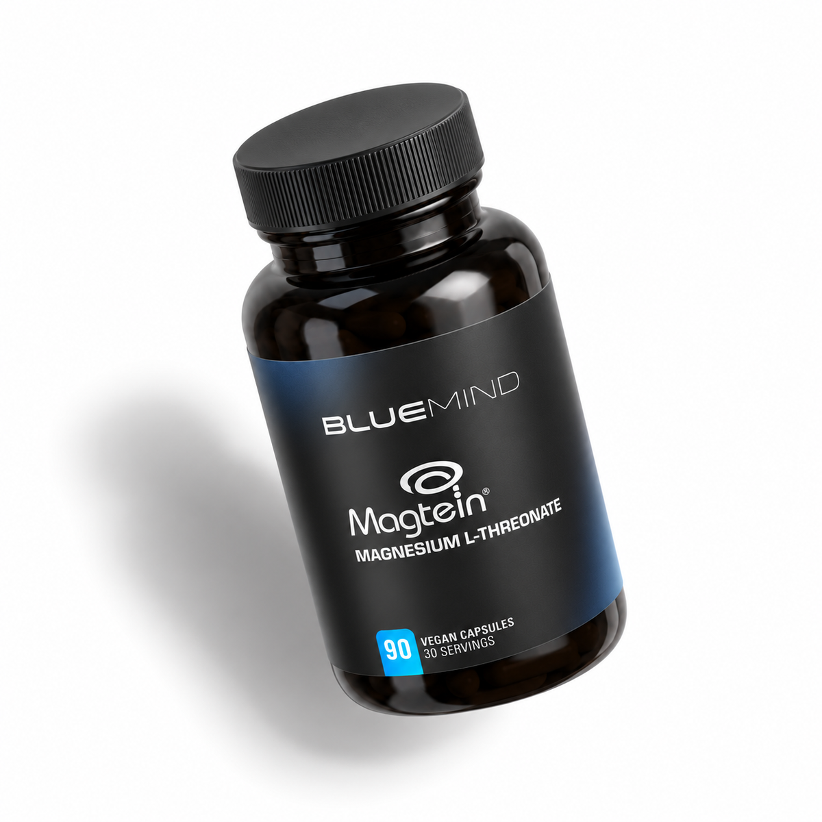 BLUEMIND Magnesium-L-Threonat Magtein® – Dose mit 90 veganen Kapseln, schräg schwebend