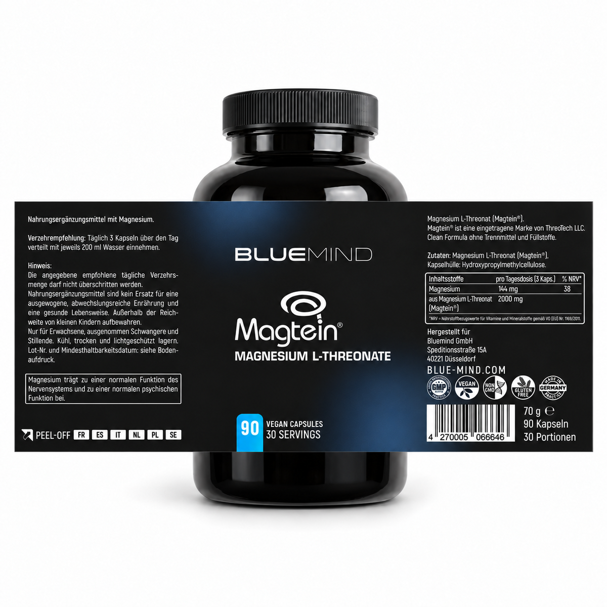 BLUEMIND Magnesium-L-Threonat Magtein® – Dose mit 90 Kapseln und vollständig abgerolltem Etikett