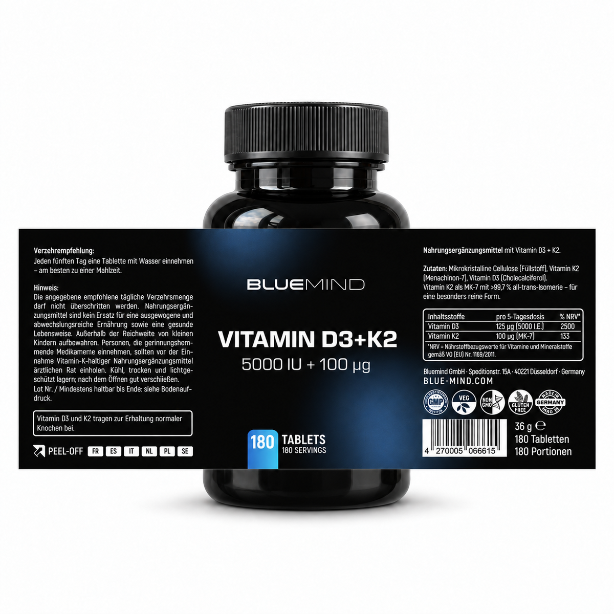 BLUEMIND Vitamin D3 + K2 – Dose mit 180 Tabletten und vollständig abgerolltem Etikett