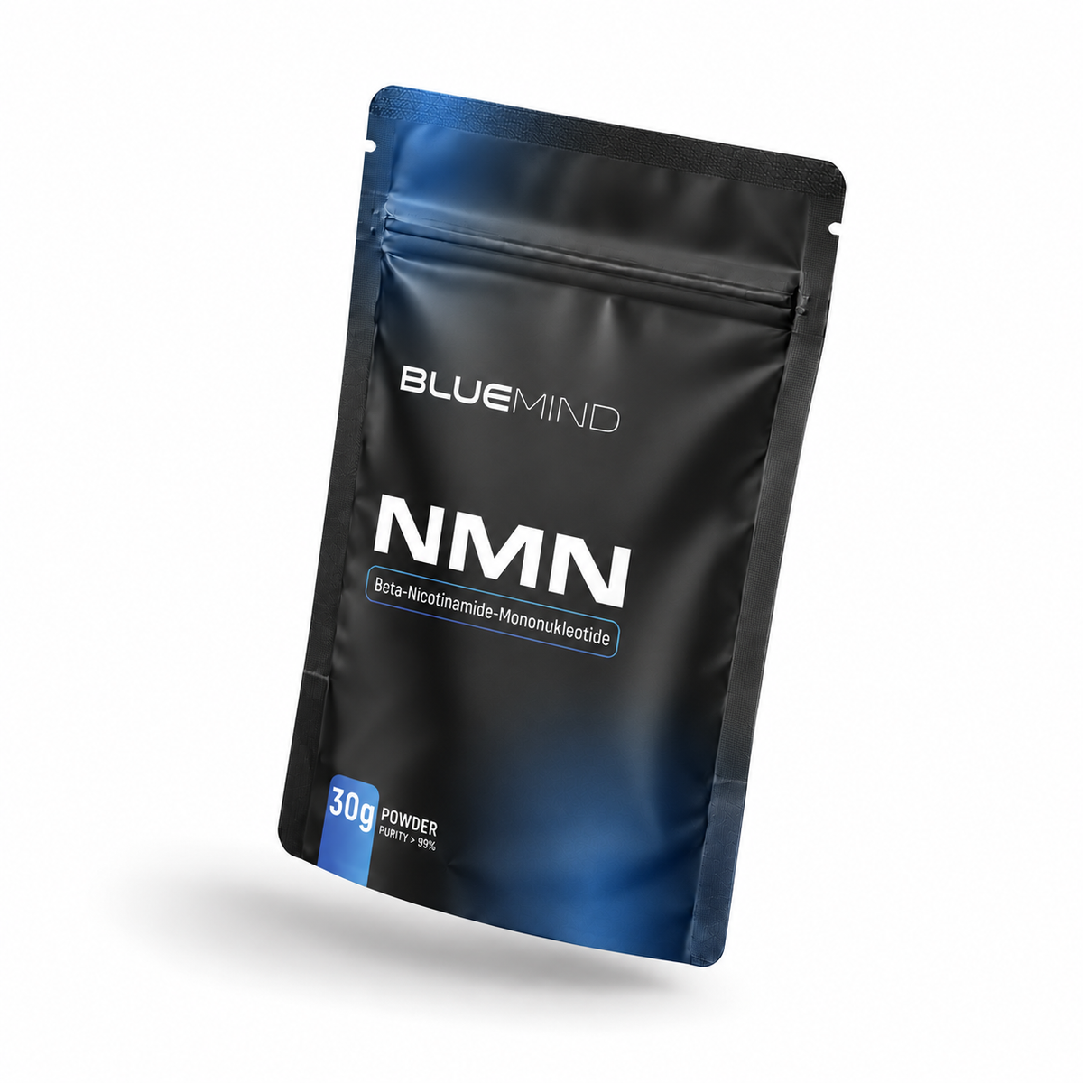 BLUEMIND NMN Pulver (Beta-Nicotinamid-Mononukleotid) – Beutel 30 g, leicht schräg stehend
