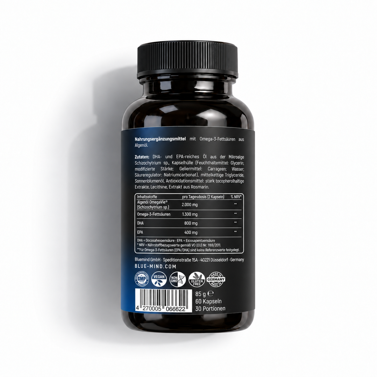 BLUEMIND Omega-3 vegan OmegaVie® – Rückseite der Dose mit Zutaten, Nährwerttabelle und 60 Kapseln