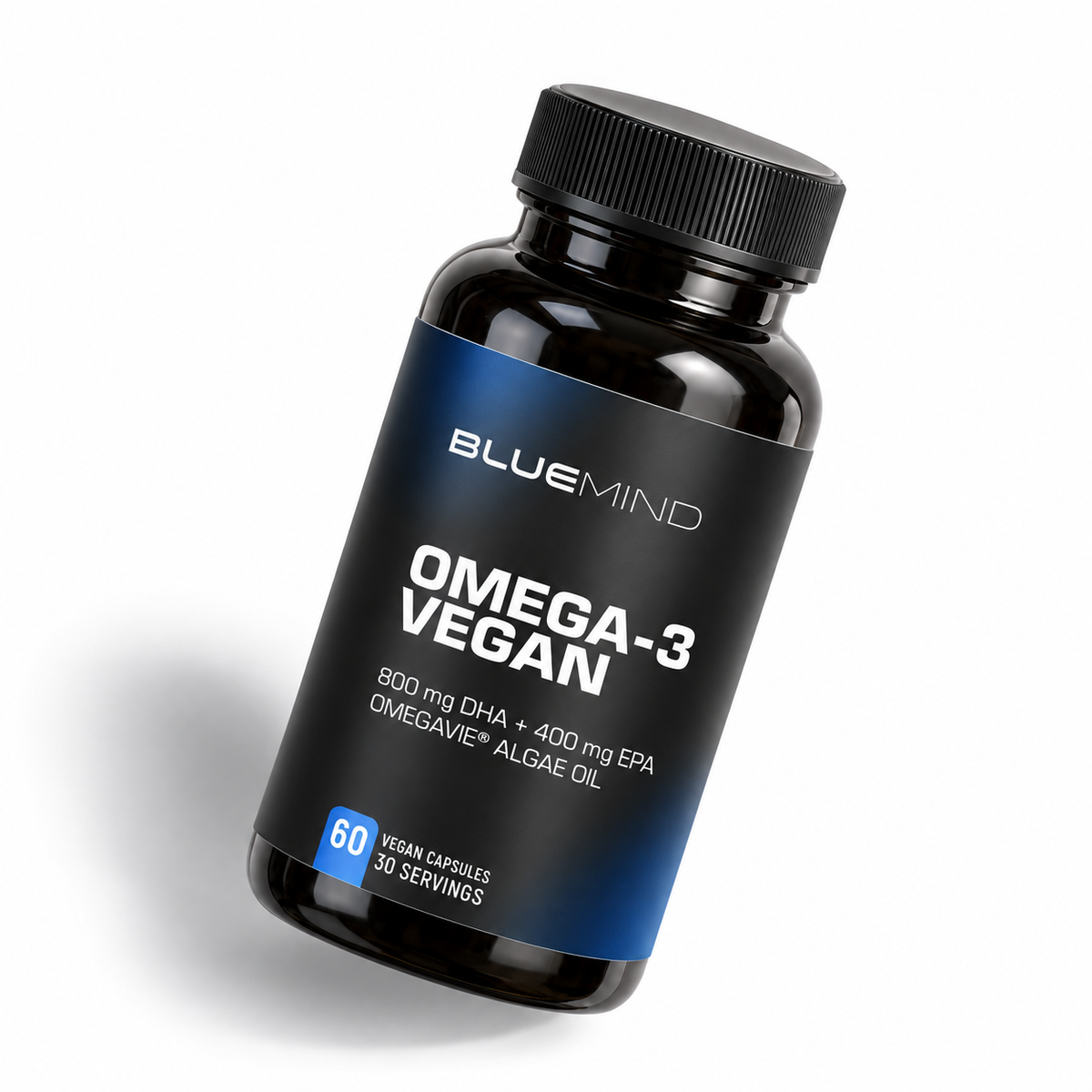 BLUEMIND Omega-3 vegan aus OmegaVie® Algenöl – Dose mit 60 Kapseln, schräg schwebend