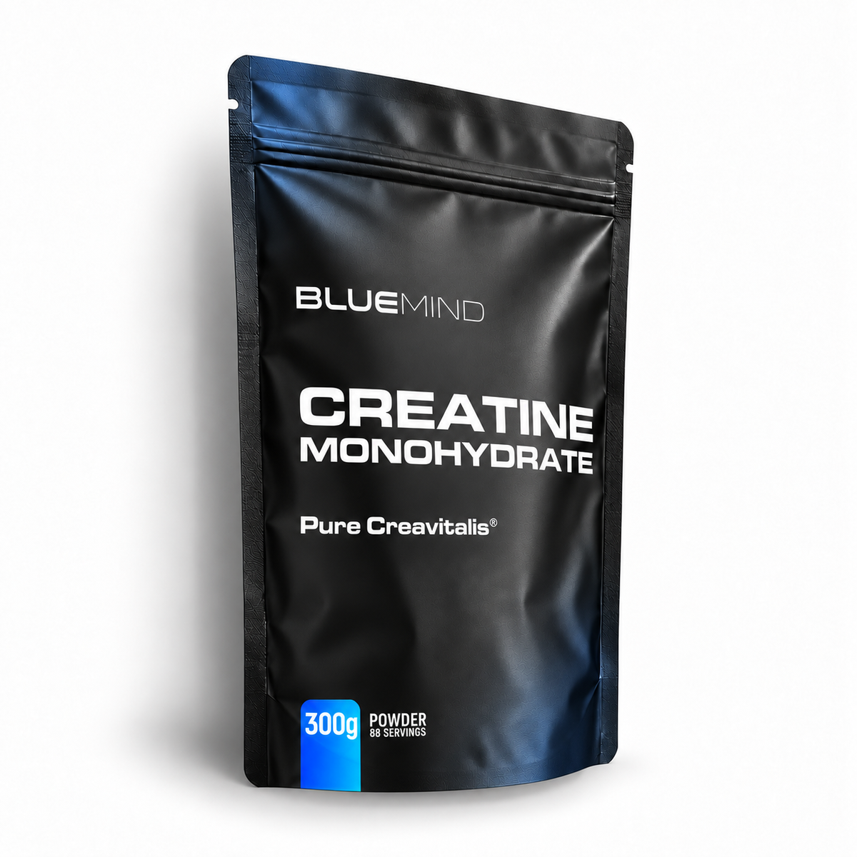 BLUEMIND Kreatin Monohydrat Creavitalis® – Beutel mit 300 g Pulver, leicht seitlich stehend