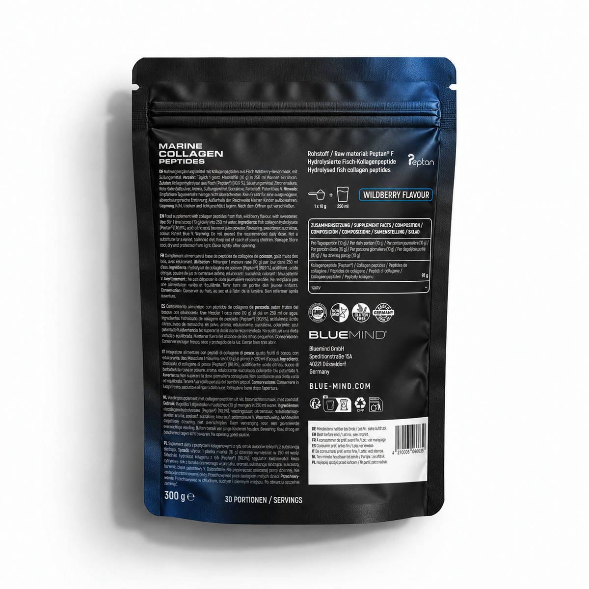 BLUEMIND Marine Collagen Peptides Peptan® F – Rückseite des 300-g-Beutels mit Zutaten und Nährwerten