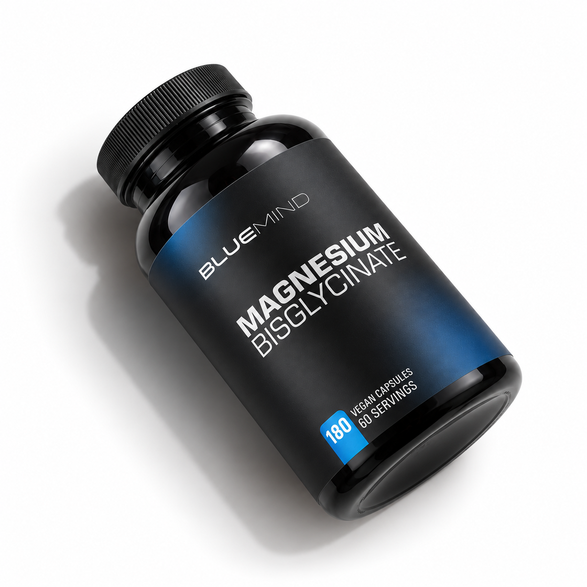 BLUEMIND Magnesium Bisglycinat – Dose mit 180 veganen Kapseln, liegend schräg von oben