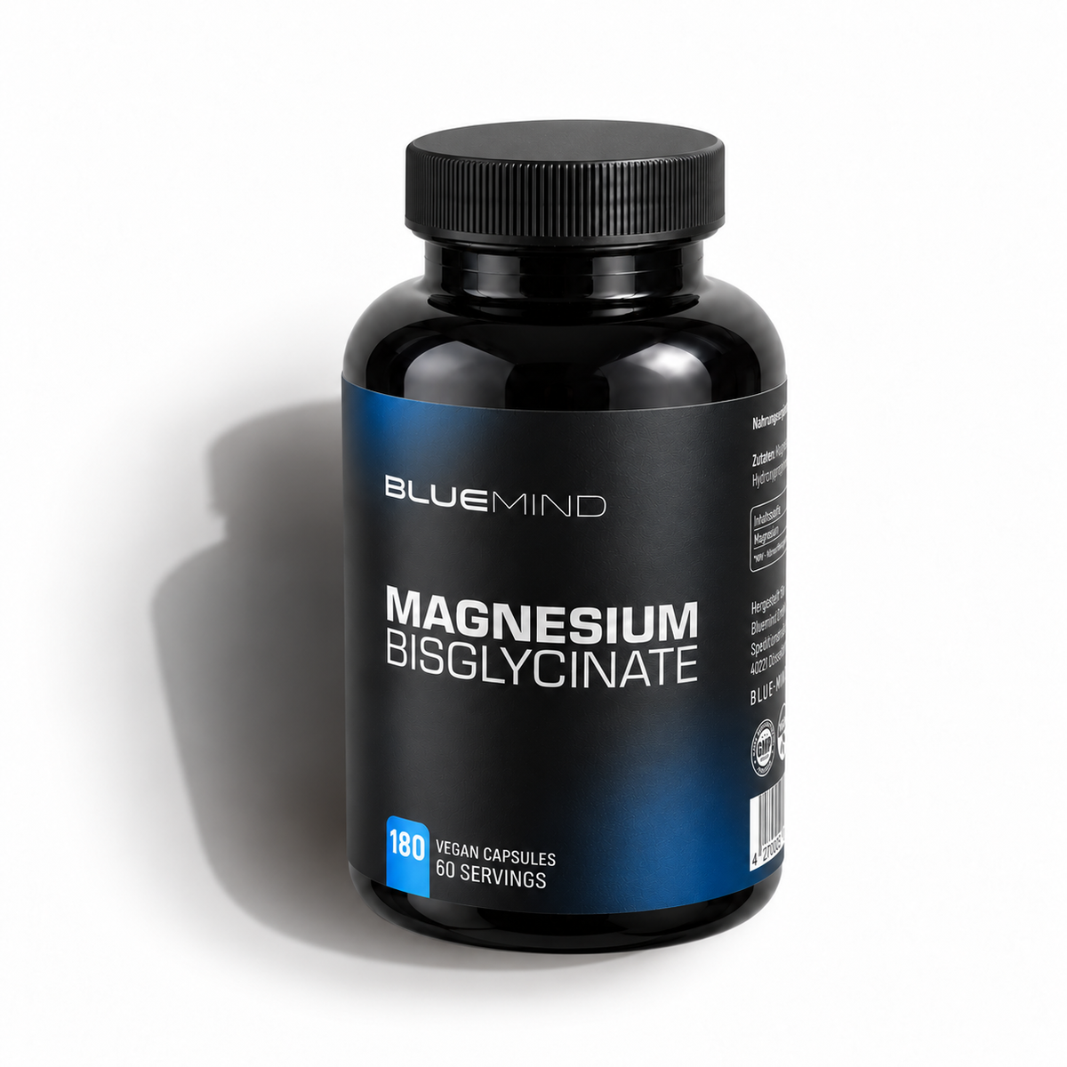 BLUEMIND Magnesium Bisglycinat – Dose mit 180 Kapseln, Vorderseite leicht seitlich mit Teil der Rückseite