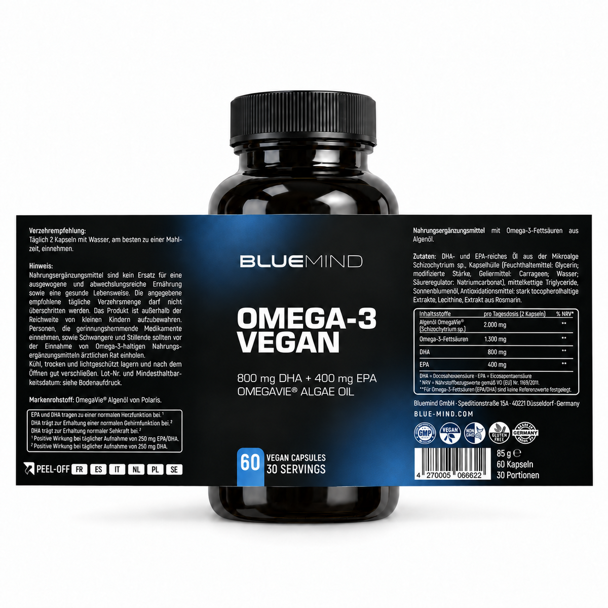 BLUEMIND Omega-3 vegan OmegaVie® – Dose mit 60 Kapseln und vollständig abgerolltem Etikett