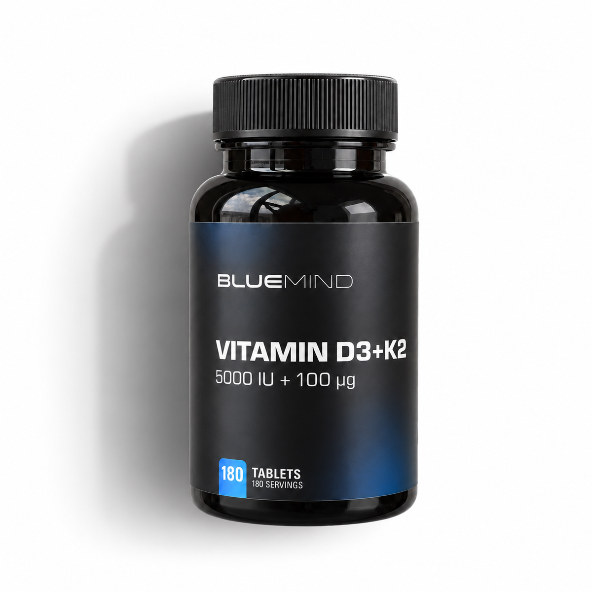 BLUEMIND Vitamin D3 + K2 – 5.000 I.E. + 100 µg, Dose mit 180 Tabletten, Vorderseite