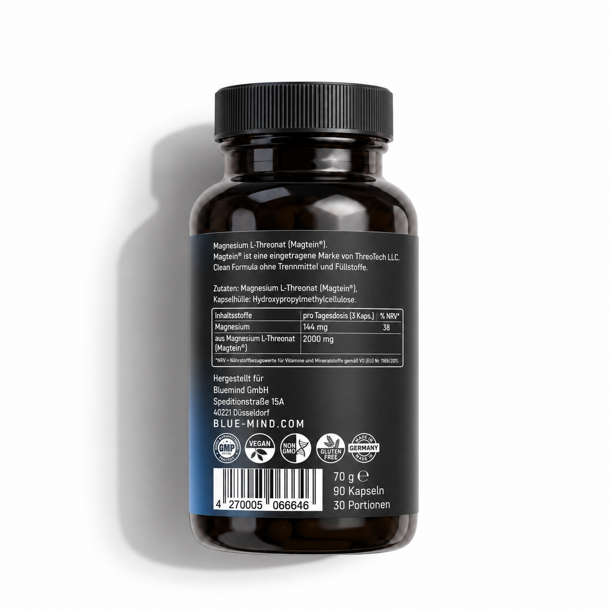 BLUEMIND Magnesium-L-Threonat Magtein® – Rückseite der Dose mit Zutaten, Nährwerttabelle und 90 Kapseln