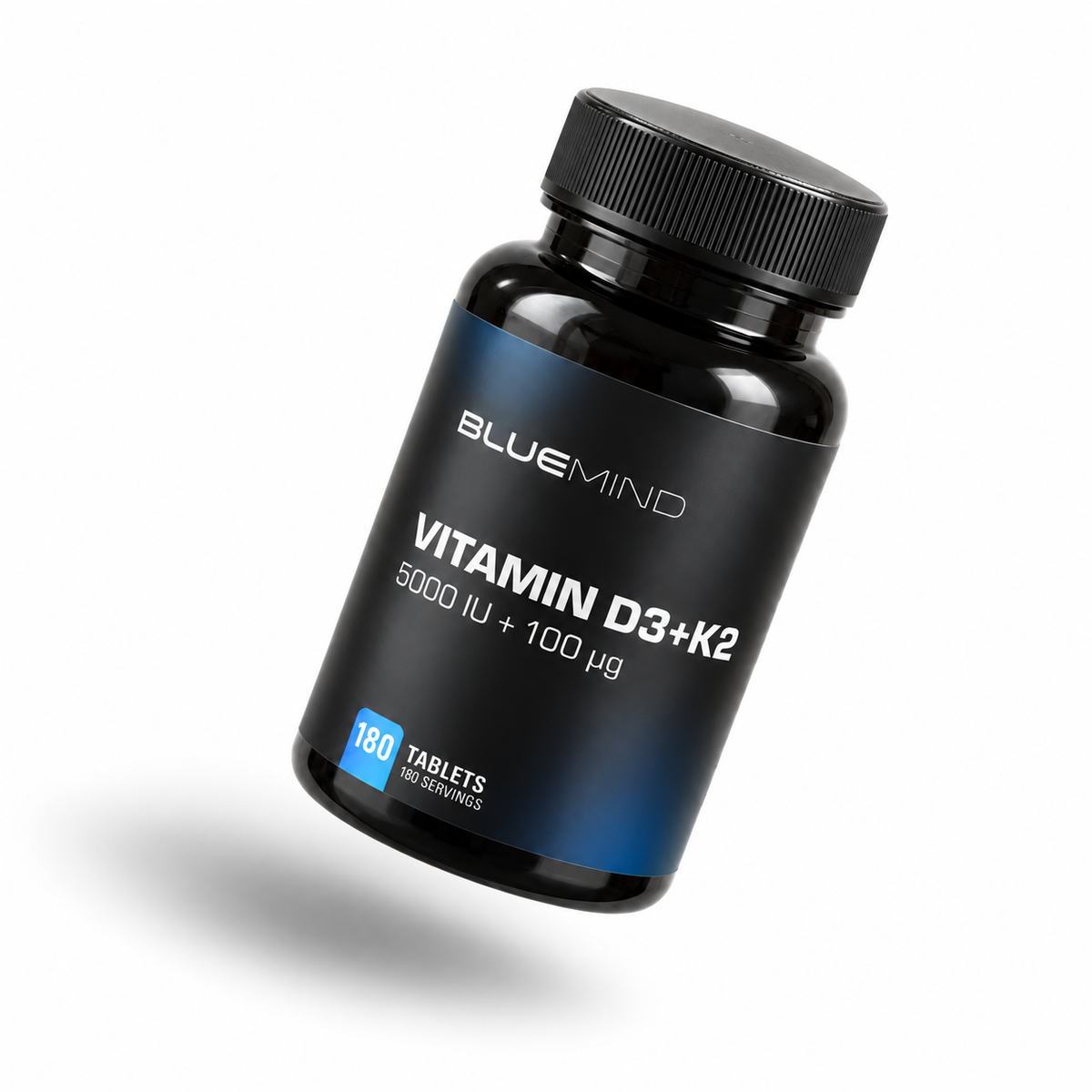 BLUEMIND Vitamin D3 + K2 – 5.000 I.E. + 100 µg, Dose mit 180 Tabletten, schräg schwebend