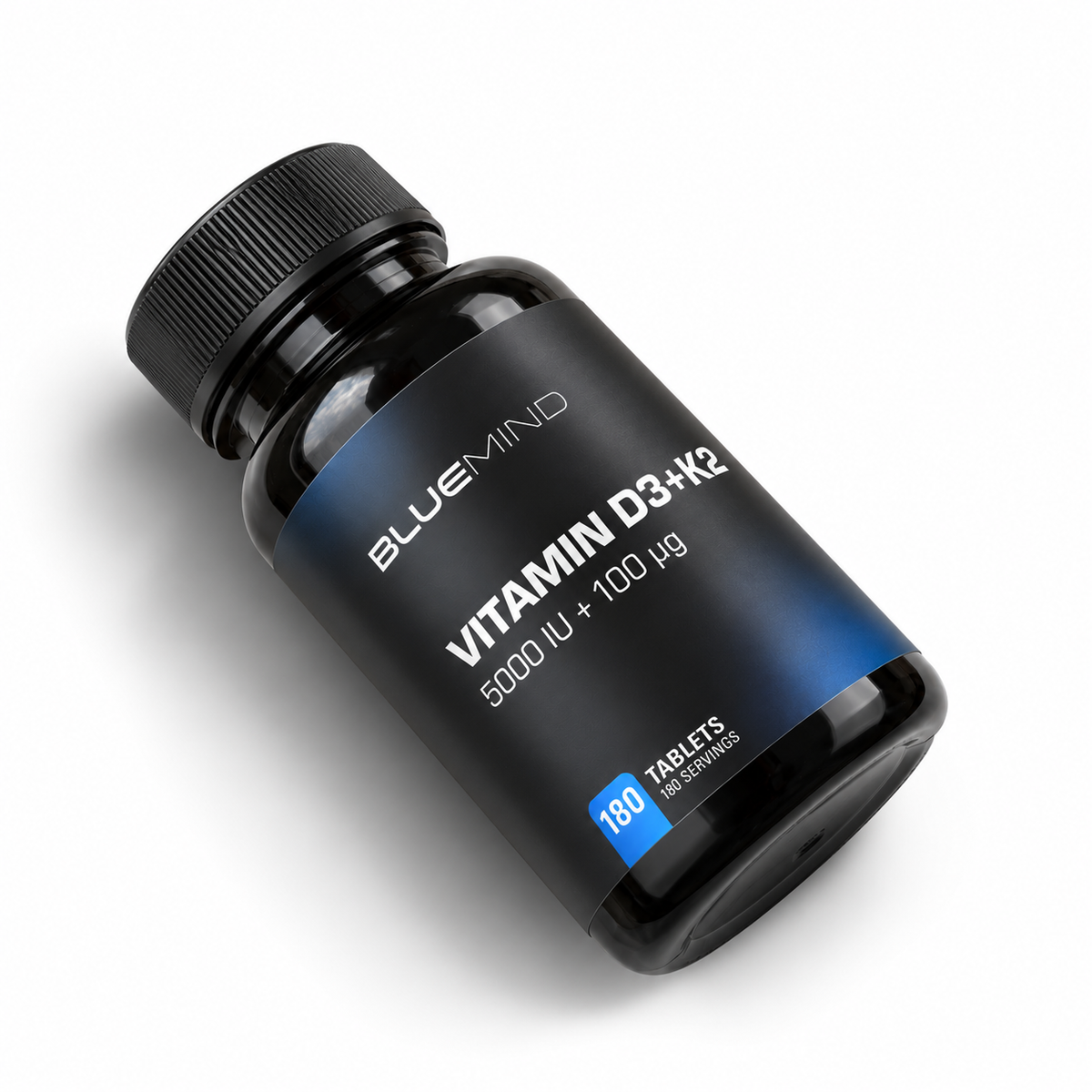BLUEMIND Vitamin D3 + K2 – 5.000 I.E. + 100 µg, Dose mit 180 Tabletten, liegend von oben