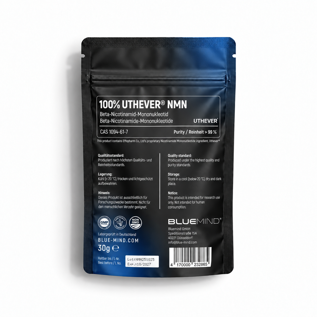 BLUEMIND NMN Pulver Uthever® – Rückseite des 30-g-Beutels mit Produktangaben und Reinheit
