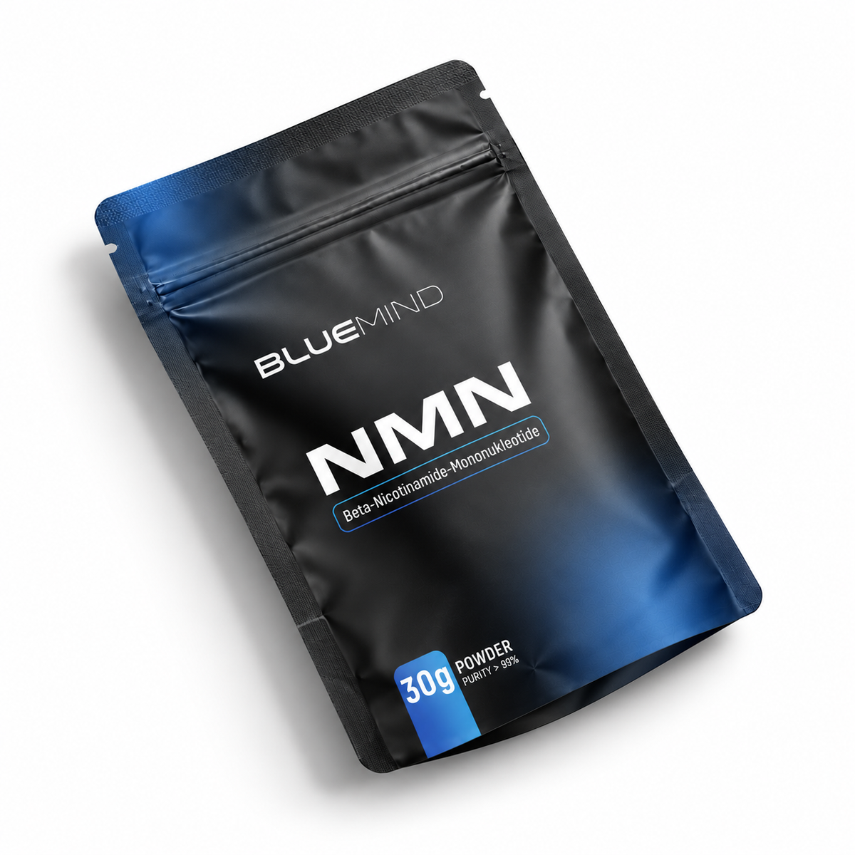 BLUEMIND NMN Pulver (Beta-Nicotinamid-Mononukleotid) – Beutel 30 g, liegend schräg von oben
