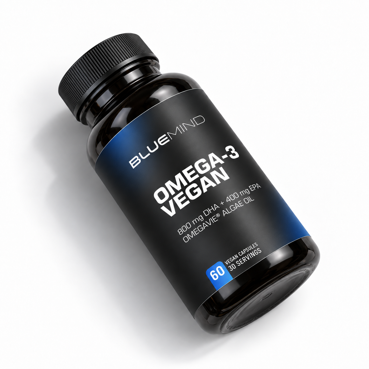 BLUEMIND Omega-3 vegan aus OmegaVie® Algenöl – Dose mit 60 Kapseln, liegend von oben