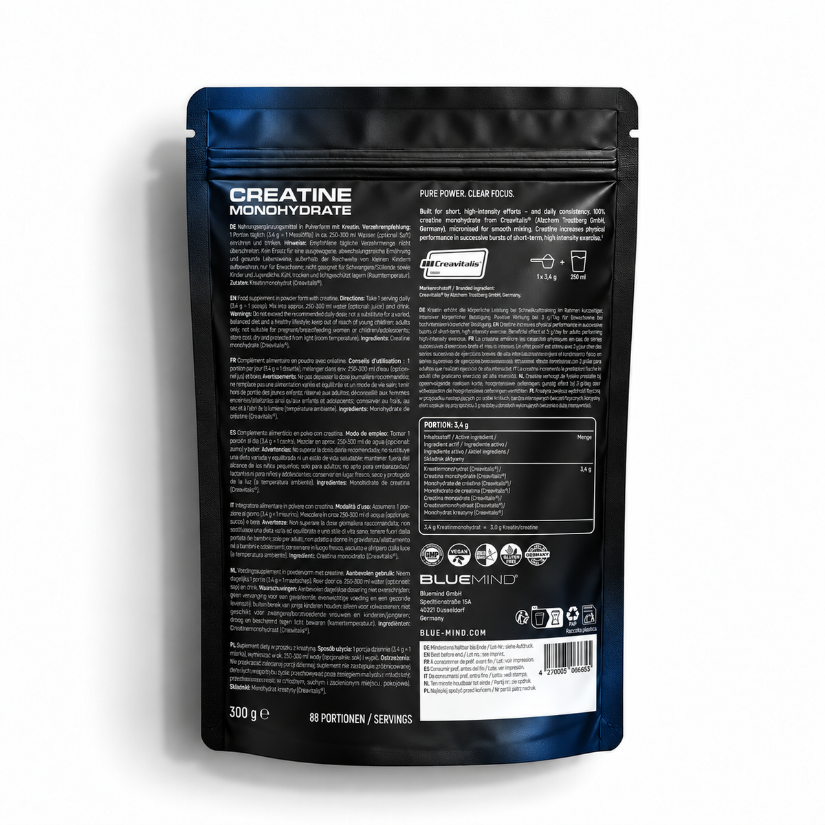 BLUEMIND Kreatin Monohydrat Creavitalis® – Rückseite des 300-g-Beutels mit Zutaten und Nährwerten