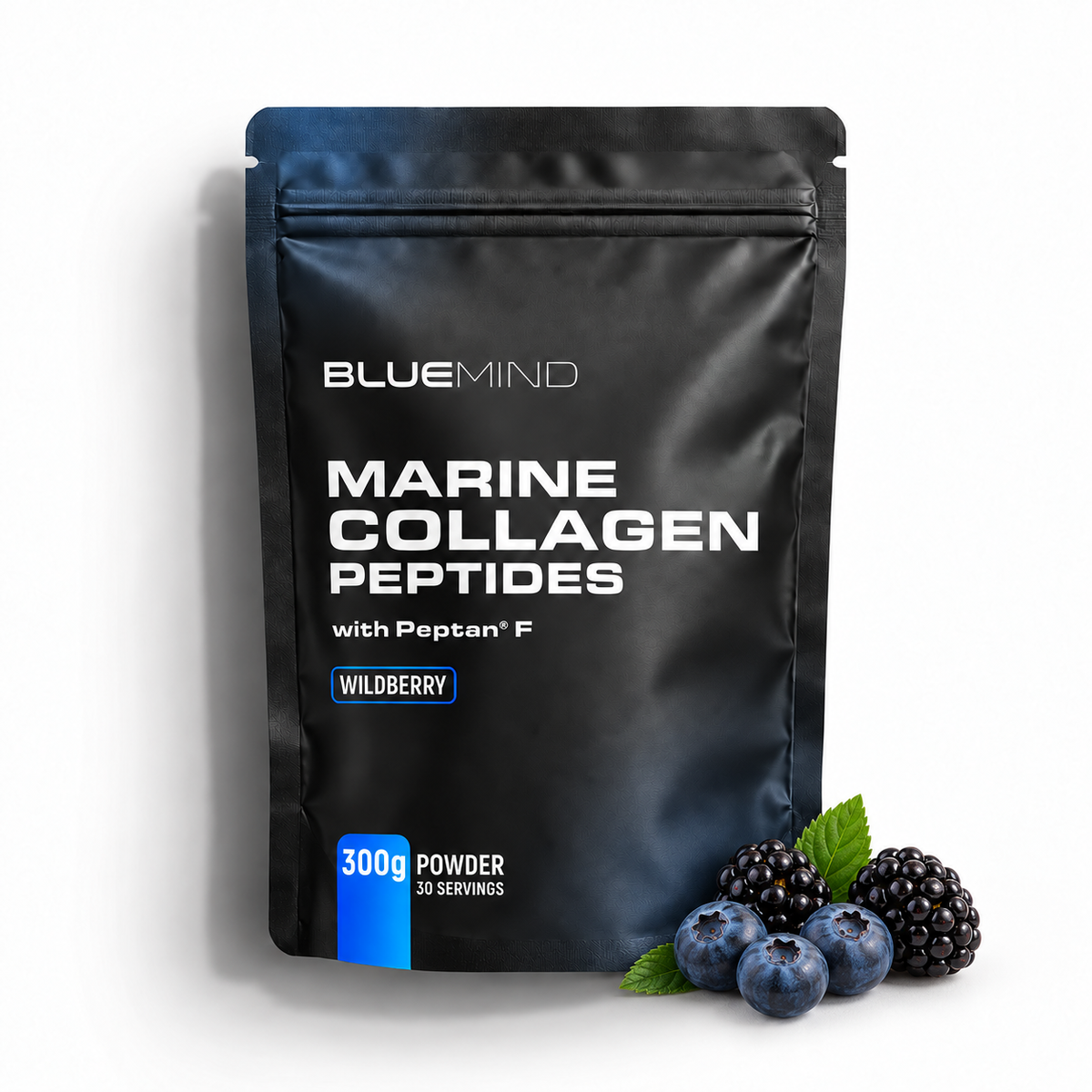 BLUEMIND Marine Collagen Peptides mit Peptan® F – Beutel 300 g Pulver, Waldbeere, Vorderseite mit Beeren