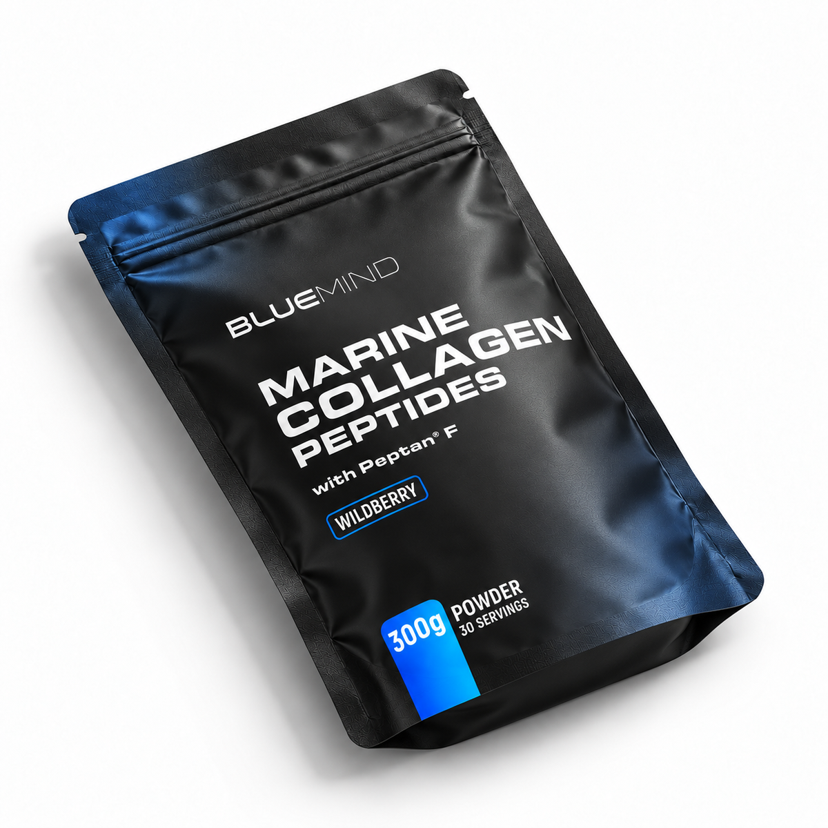 BLUEMIND Marine Collagen Peptides mit Peptan® F – Beutel 300 g Pulver, Waldbeere, liegend schräg