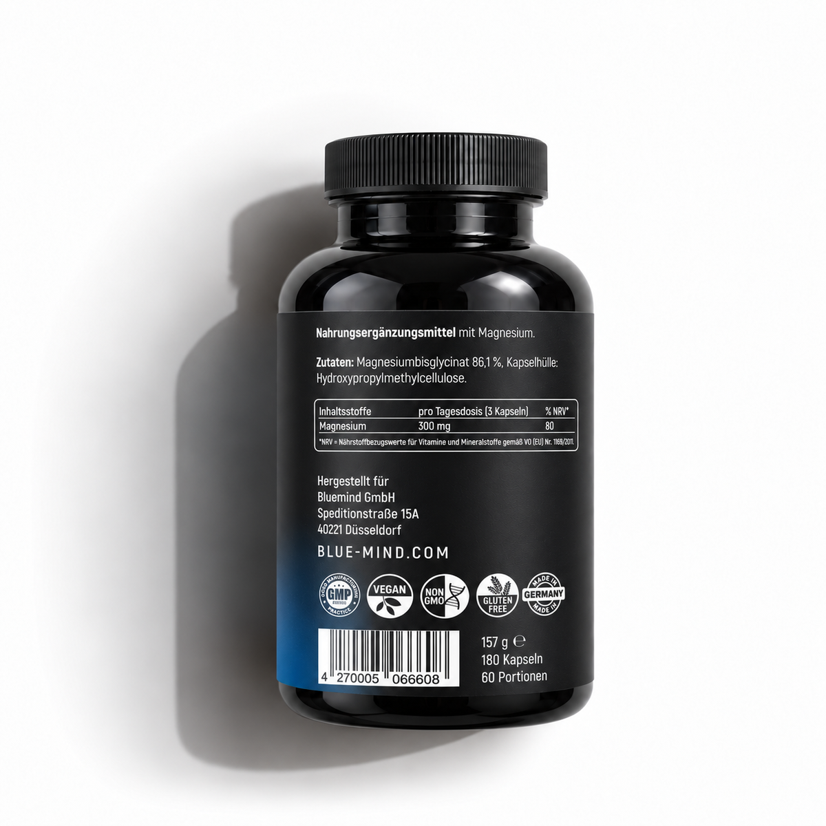 BLUEMIND Magnesium Bisglycinat – Rückseite der Dose mit Zutaten, Nährwerttabelle und 180 Kapseln