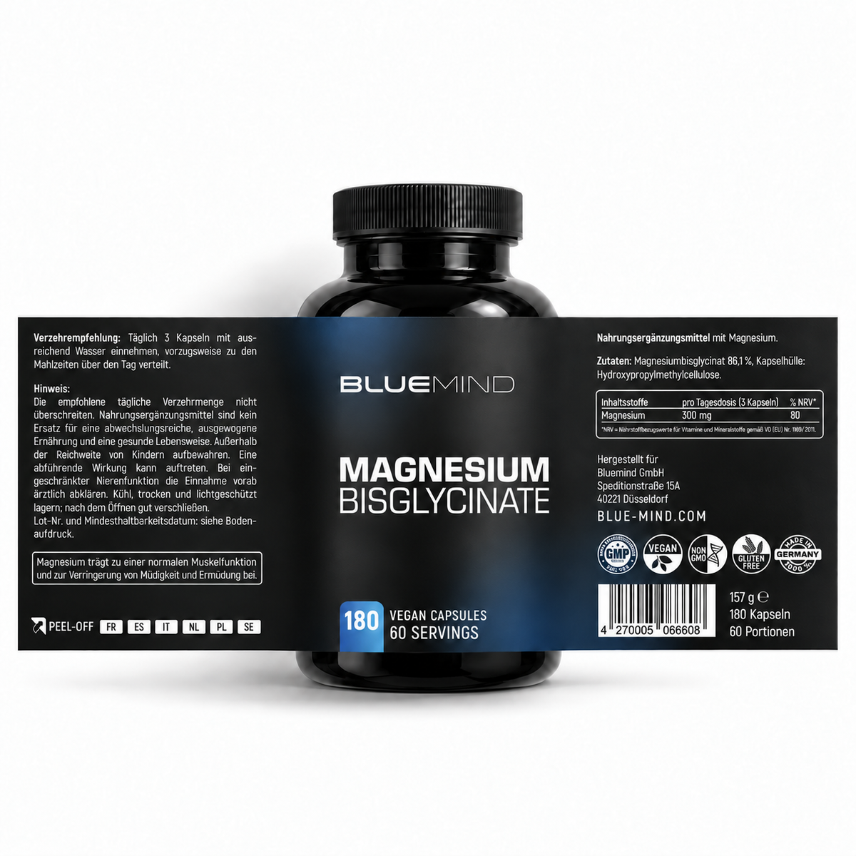 BLUEMIND Magnesium Bisglycinat – Dose mit 180 Kapseln und vollständig abgerolltem Etikett